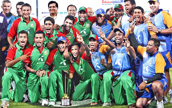 The victorious Bangladesh team celebrating their T20 International win against the West Indies